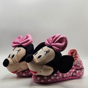 Kids Minnie‎ Mouse Slippers sock top Pink White Polka Dot Bow Plush Cozy Sz 9/10